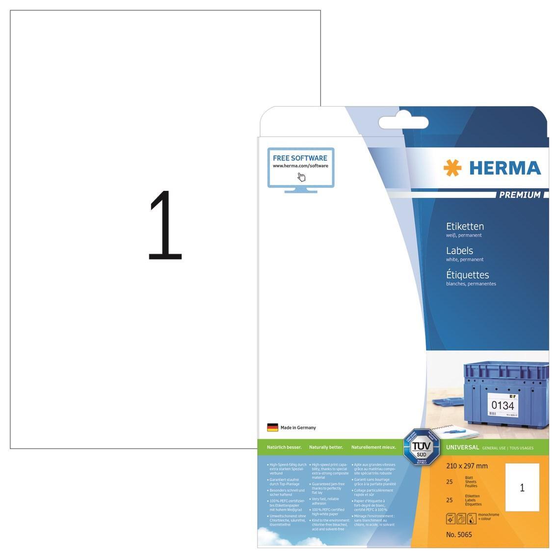 Etiketter Herma 5065 Premium A4 210x297mm 25 ark/fp (25 st etiketter)