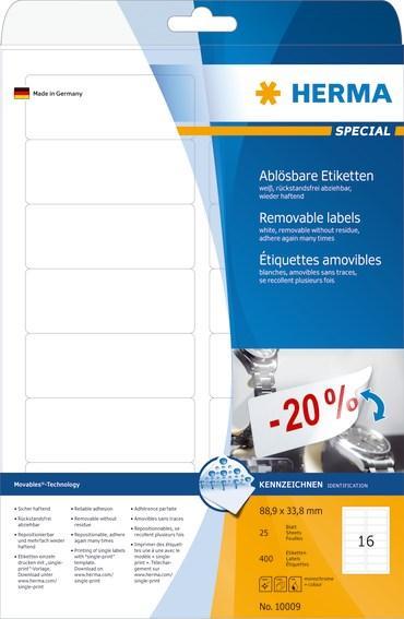 Etiketter Herma Movables 10009 A4 88,9x33,8mm Vit avtagbara/flyttbara, 25 ark/fp (400 st etiketter)