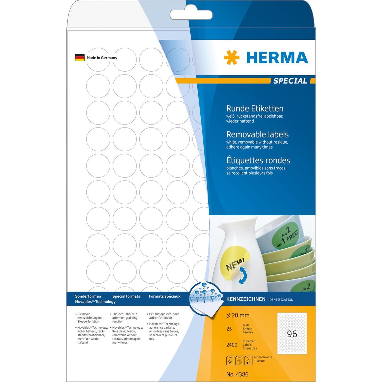 Etiketter Herma Movables 4386 A4 Ø 20mm Rund Vit, avtagbara/flyttbara, 25 ark/fp (2400 st etiketter)