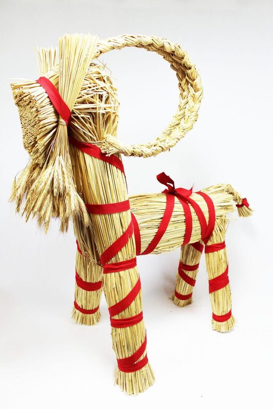 Halmbock/Julbock med julröda bomullsband, stående, 75cm hög