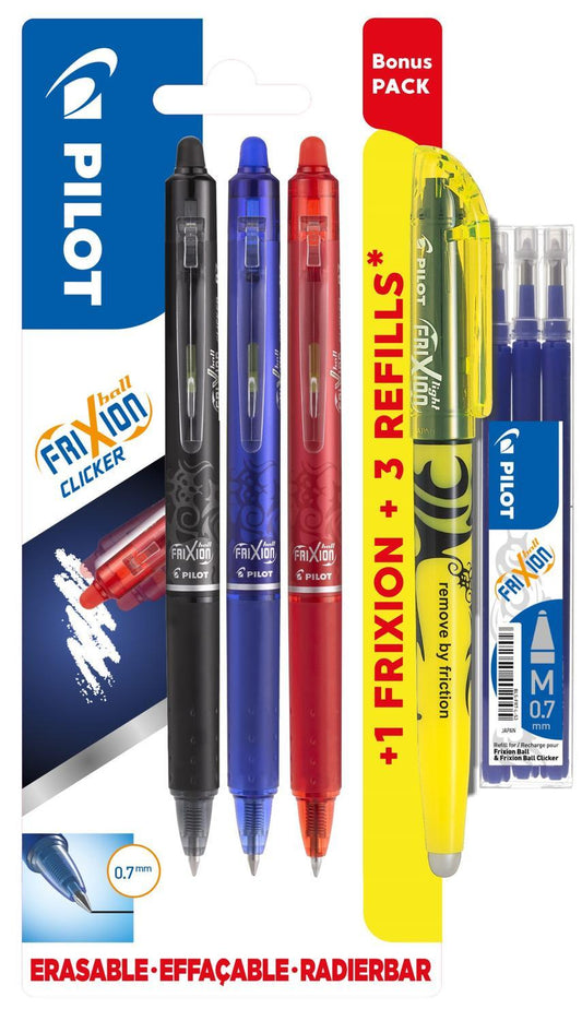 Korsordspenna Pilot Frixion Clicker 07 Rollerball BLRT-FR7 0,7mm, 3 färger + 1 överstrykningspenna Frixion light/fp (svart, blå, röd + gul) + 3 st Refill