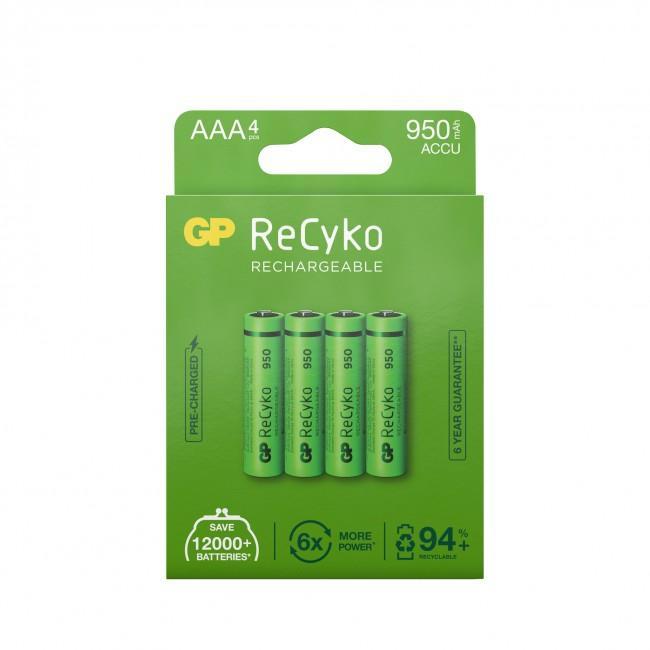 Laddningsbara batterier GP ReCyko 950 NiMH, AAA, 1,2 Volt, 950mAh, 4/fp (10% återvunnet)