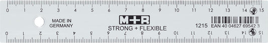 Linjal M+R Strong+Flexible, plast, 15cm cm/mm-gradering, Klar/Transparent, för höger- & vänsterhänta 1/fp