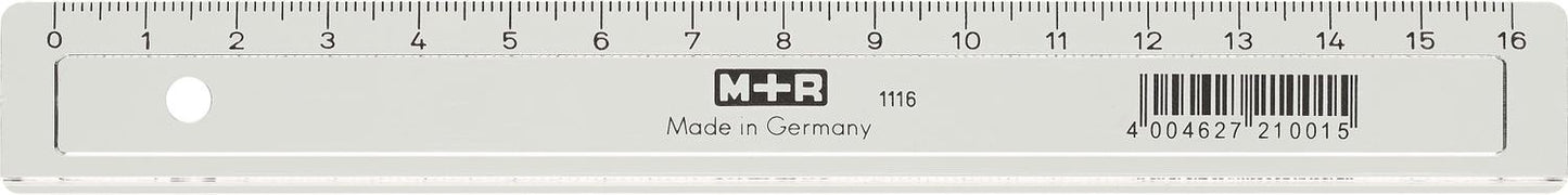 Linjal M+R, plast, 16cm cm/mm-gradering, Klar/Transparent 1/fp