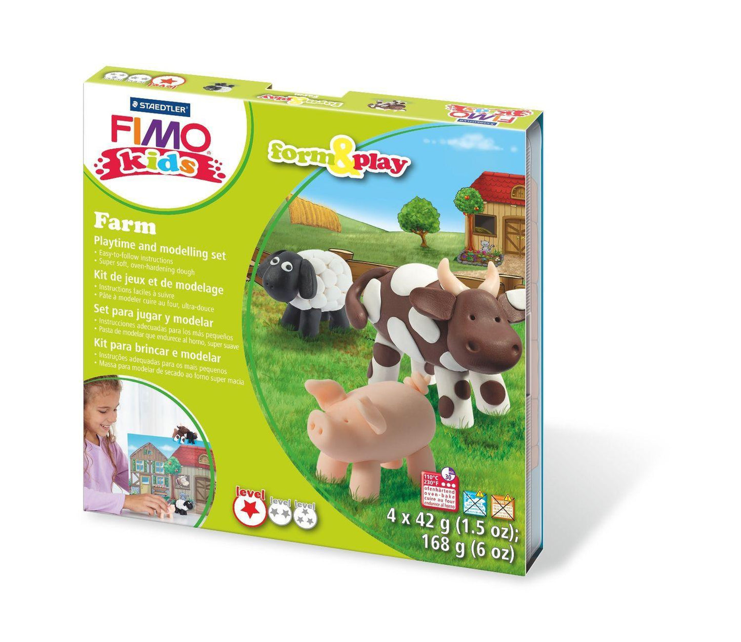 Modellera-set: Modellera Fimo Kids (8034 01), form&play, Farm (Bondgård), 4 x 42 gram