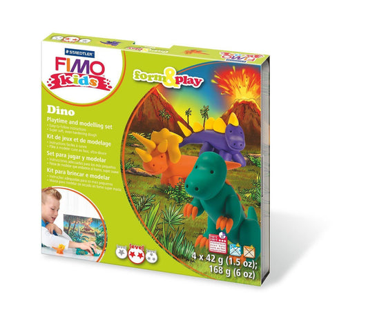 Modellera-set: Modellera Fimo Kids (8034 07), form&play, Dino (Dinosaurier), 4 x 42 gram