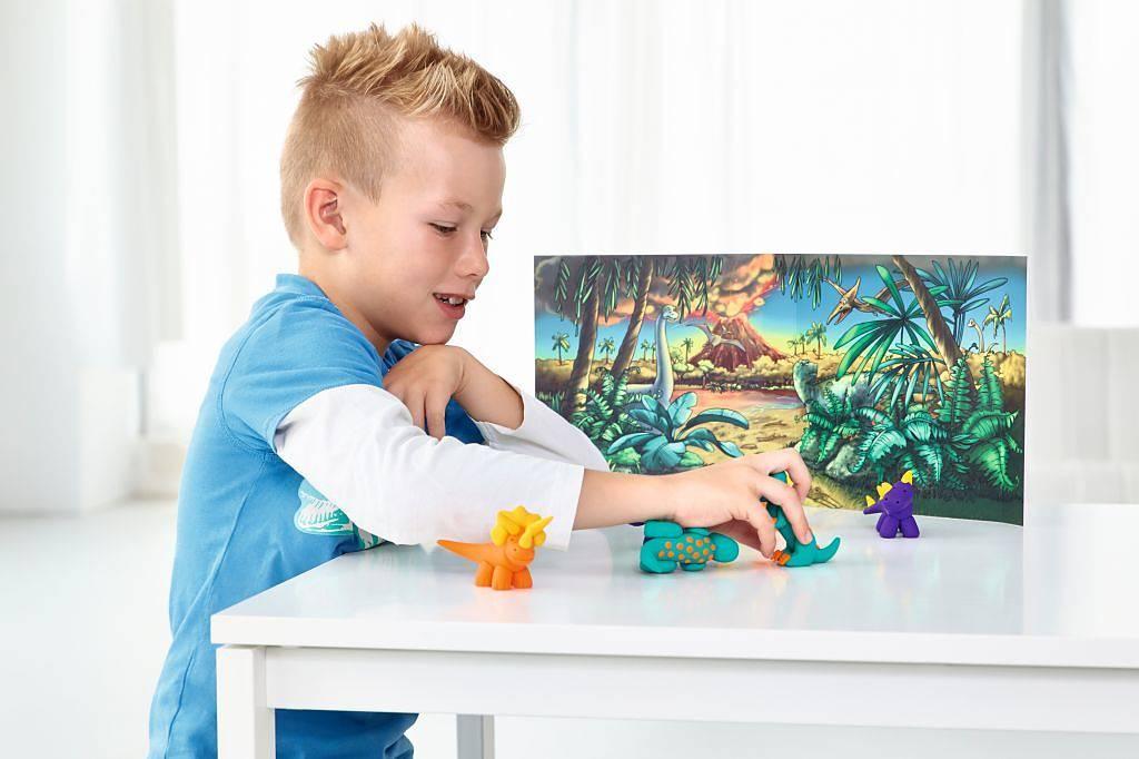 Modellera-set: Modellera Fimo Kids (8034 07), form&play, Dino (Dinosaurier), 4 x 42 gram