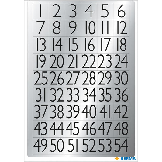 Märketikett Herma Vario 4134 Siffror 1-100, 13x12mm, Svart på silverfolie, 4 ark/fp