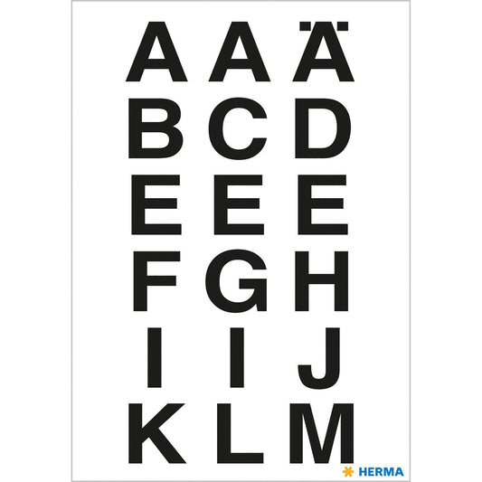 Märketikett Herma Vario 4135 Bokstäver A-Z 15mm, 20x20mm, Svart/Transparent, 2 ark/fp