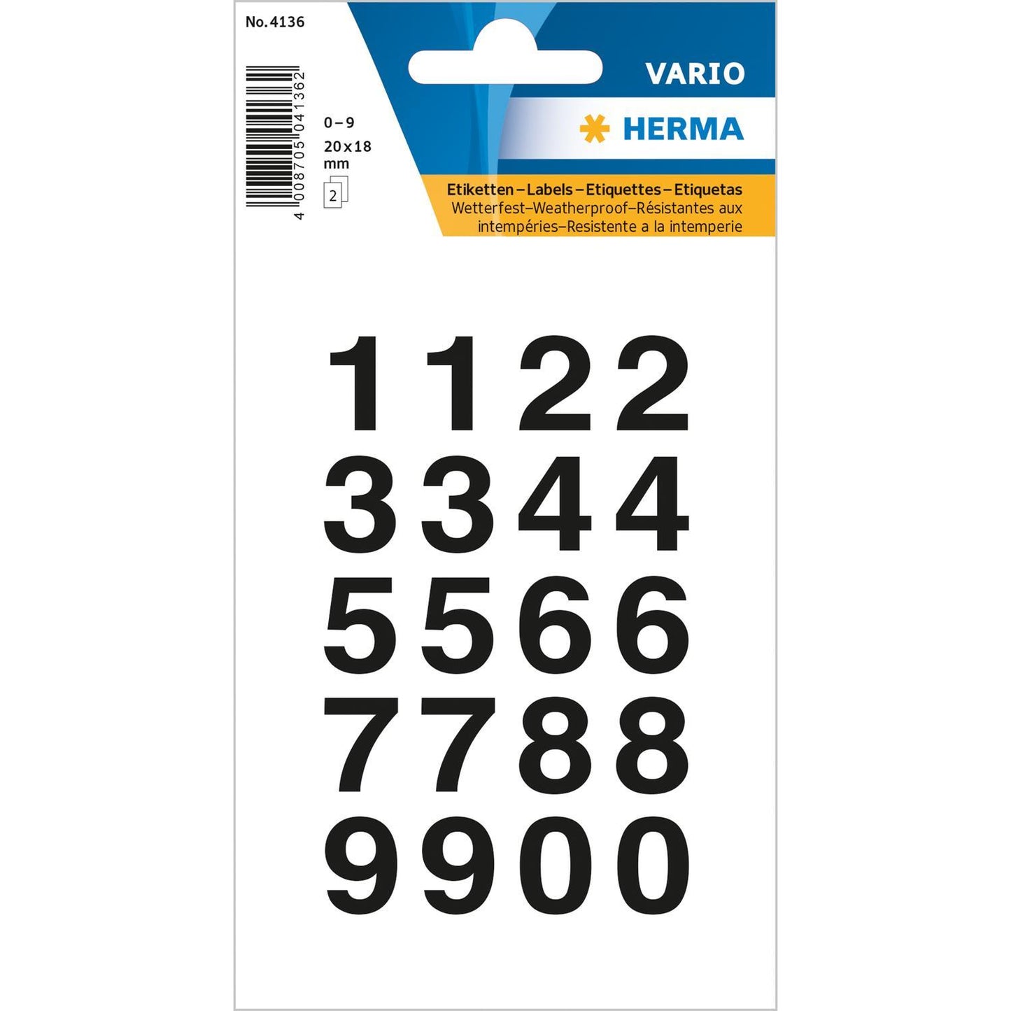 Märketikett Herma Vario 4136 Siffror 0-9, 15mm, 20x18mm, Svart/Transparent, 2 ark/fp