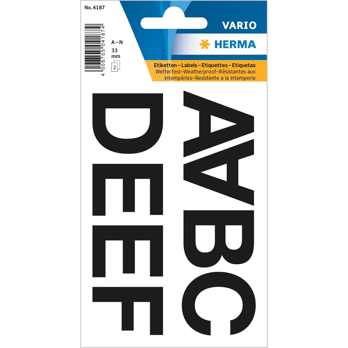 Märketikett Herma Vario 4187 Bokstäver A-N 33mm, Svart, 2 ark/fp
