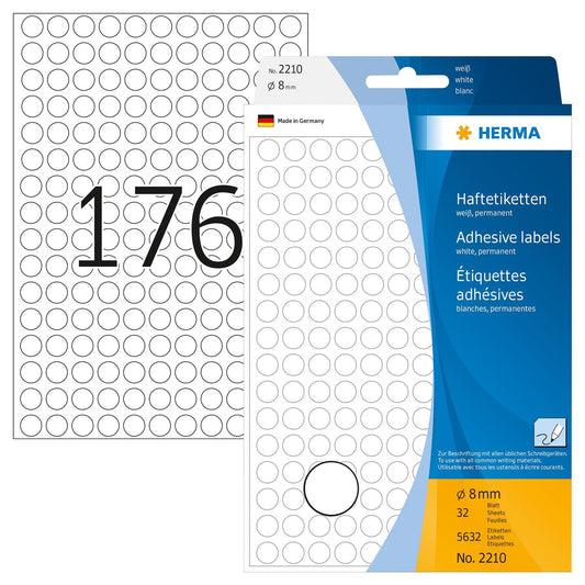 Märketiketter/Signaletiketter, runda etiketter, Herma 2210 Ø 8mm, permanent, Vit 5632/fp (176 etiketter/ark)