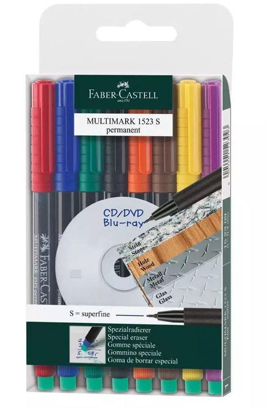 Märkpenna Faber-Castell Multimark 1523 permanent Superfine, 8 färger/fp