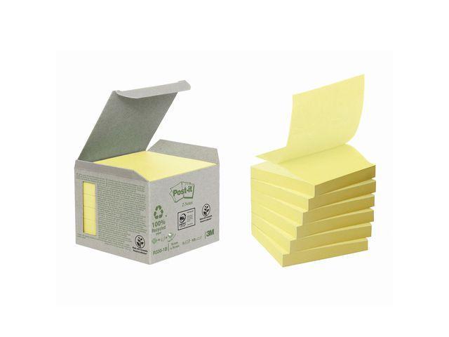 Notisblock/Z-block Post-it Z-Notes 100% Recycled/återvunnen (R330-1B) 76x76mm Gul 6/fp