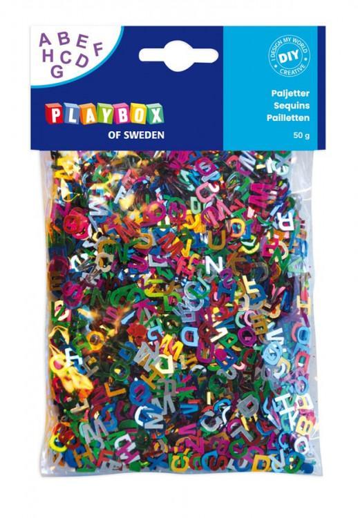 Paljetter, Alfabet/Bokstäver (A-Z), plast, Blandade färger, 50 gram/fp