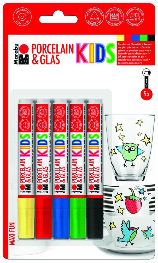 Porslinsmålningspennor/Glasmålningspennor Marabu KiDS Porcelain & Glas Painter Maxi Fun, 1-3mm, 5 färger/fp