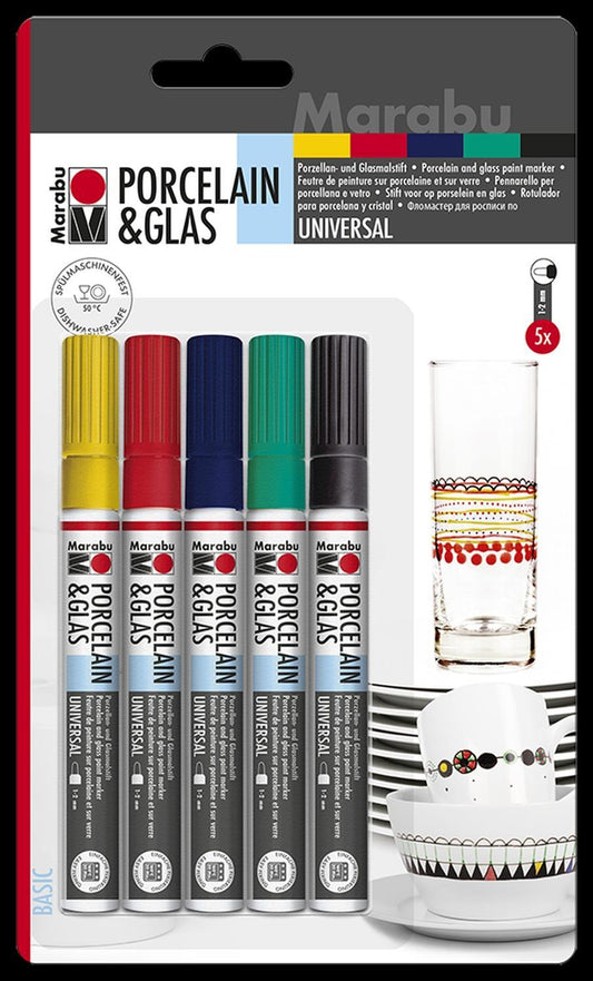 Porslinsmålningspennor/Glasmålningspennor Marabu Porcelain & Glas Painter Universal, Basic, 1-2mm, 5 färger/fp
