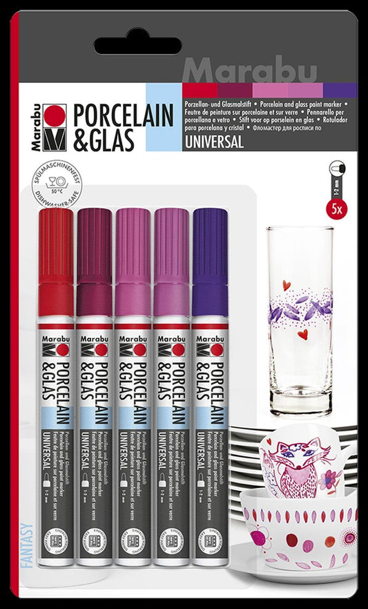 Porslinsmålningspennor/Glasmålningspennor Marabu Porcelain & Glas Painter Universal, Fantasy, 1-2mm, 5 färger/fp