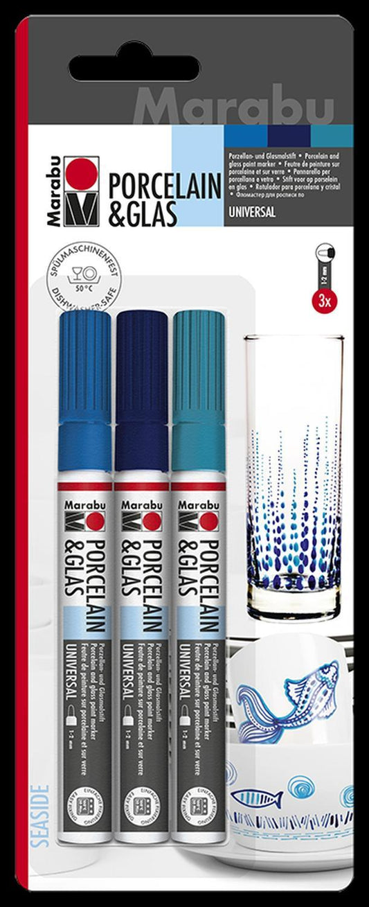 Porslinsmålningspennor/Glasmålningspennor Marabu Porcelain & Glas Painter Universal, Seaside, 1-2mm, 3 färger/fp
