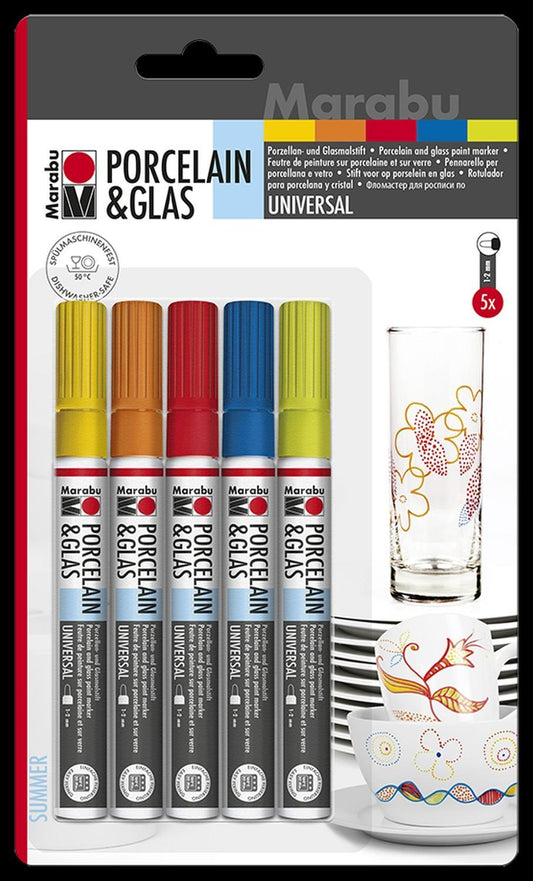Porslinsmålningspennor/Glasmålningspennor Marabu Porcelain & Glas Painter Universal, Summer, 1-2mm, 5 färger/fp