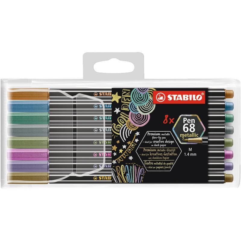 Ritset: Fiberpennset Stabilo Pen 68 Metallic 8 färger + Svart papper A4, 250g, 30 ark