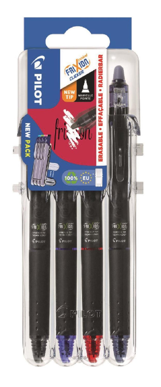 Rollerballpenna Pilot Frixion POINT Clicker BLRT-FRP5, 0,5mm (Synergy Tip), raderbart bläck, 4 färger/fp (Svart, Blå, Röd och Blå-Svart)
