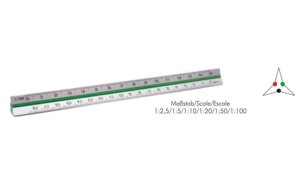 Skalstock/Skallinjal/trekantsskala, 15cm, Aluminium (grå), Standardgraph 9405-15, (1:2,5 - 1:5 - 1:10 - 1:20 - 1:50 - 1:100)