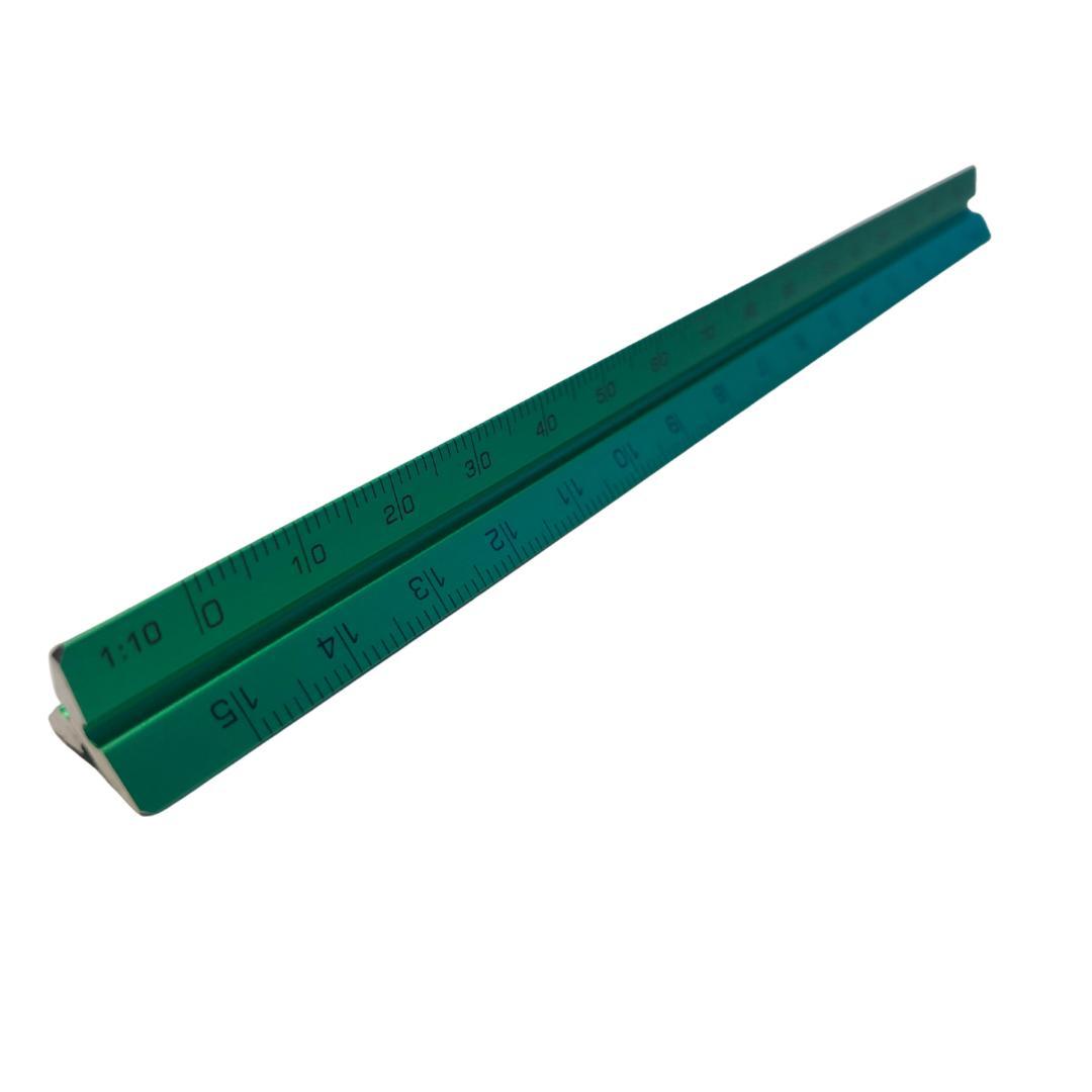 Skalstock/Skallinjal/trekantsskala, 15cm, Aluminium (grön), Standardgraph 9405-15, (1:2,5 - 1:5 - 1:10 - 1:20 - 1:50 - 1:100)