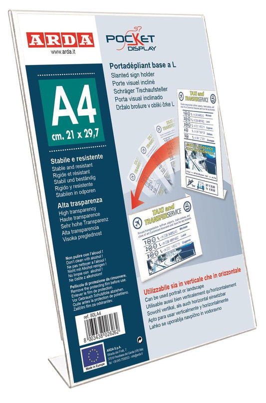 Skylthållare/Informationsställ/Broschyrhållare A4S, Stående, L-fot, lutande, enkel 1/fp