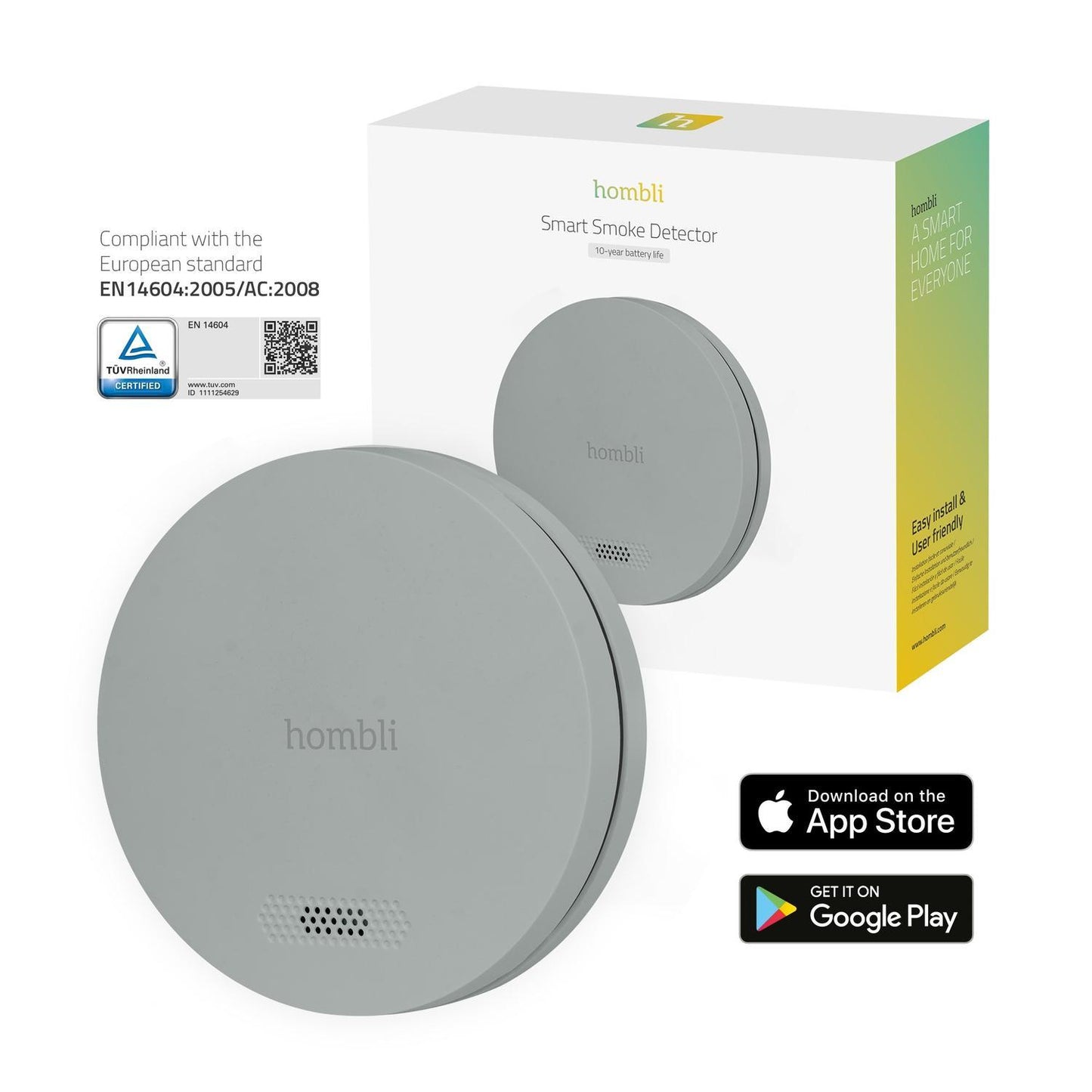 Smart brandvarnare, Röksensor/Rökdetektor, WiFi, Hombli Smart Smoke Detector, Grå