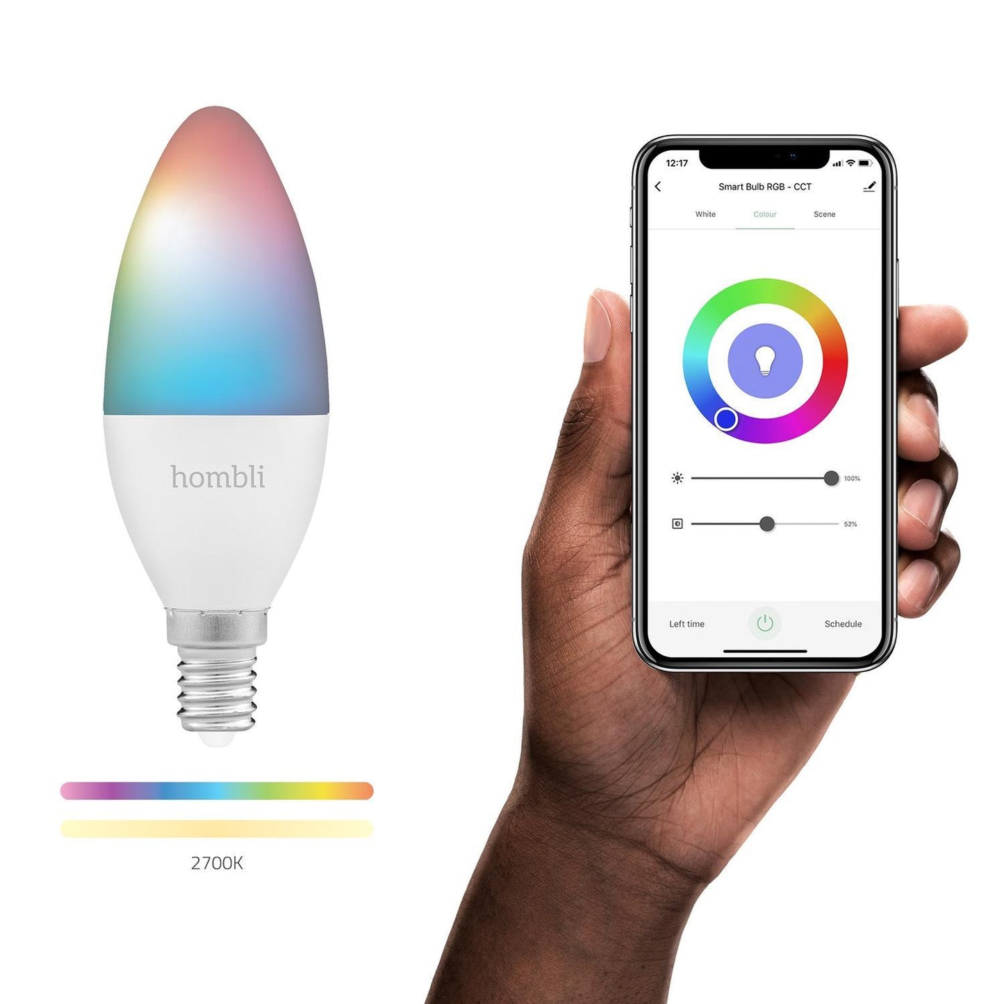 Smart lampa, WiFi, Hombli Smart Bulb E14, LED, RGB & CCT, 4,5W, Dimbar, Multifärg