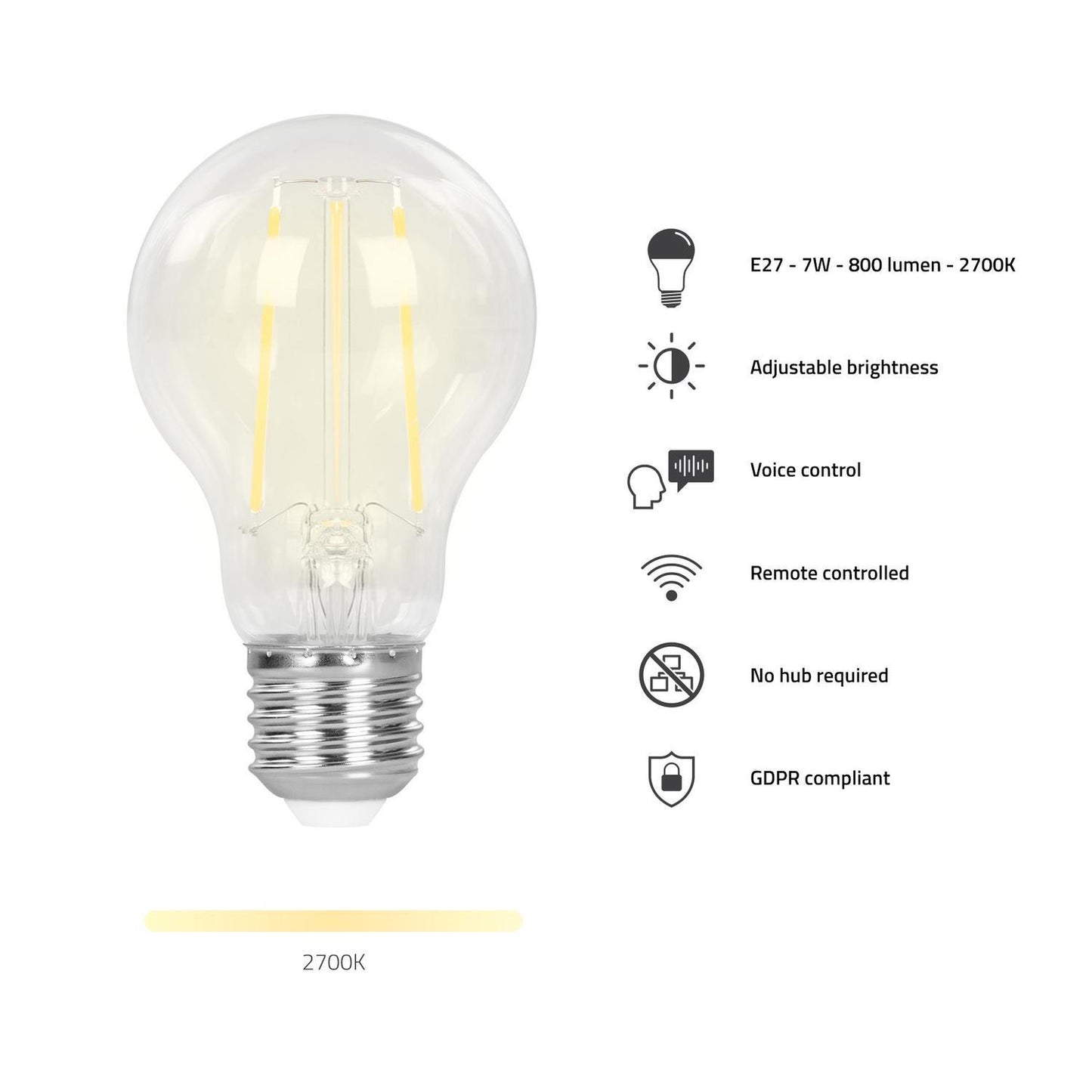 Smart lampa, WiFi, Hombli Smart Bulb E27, LED, CCT, 7W, Dimbar, Retro Filament, med retrofilament 2/fp