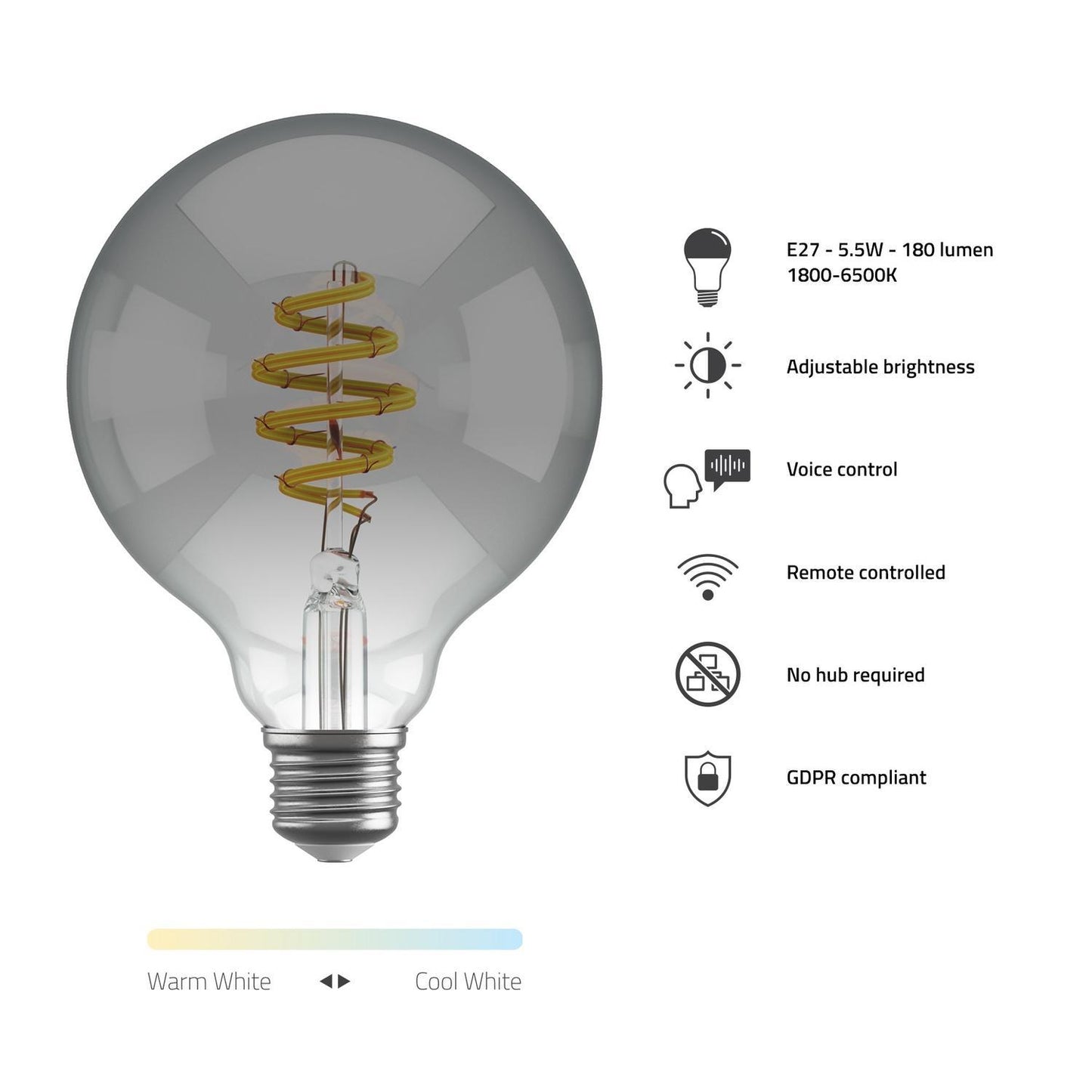 Smart lampa, WiFi, Hombli Smart Bulb Smokey G95, E27, LED, CCT, 5,5W, Dimbar, Retro Filament, med retrofilament