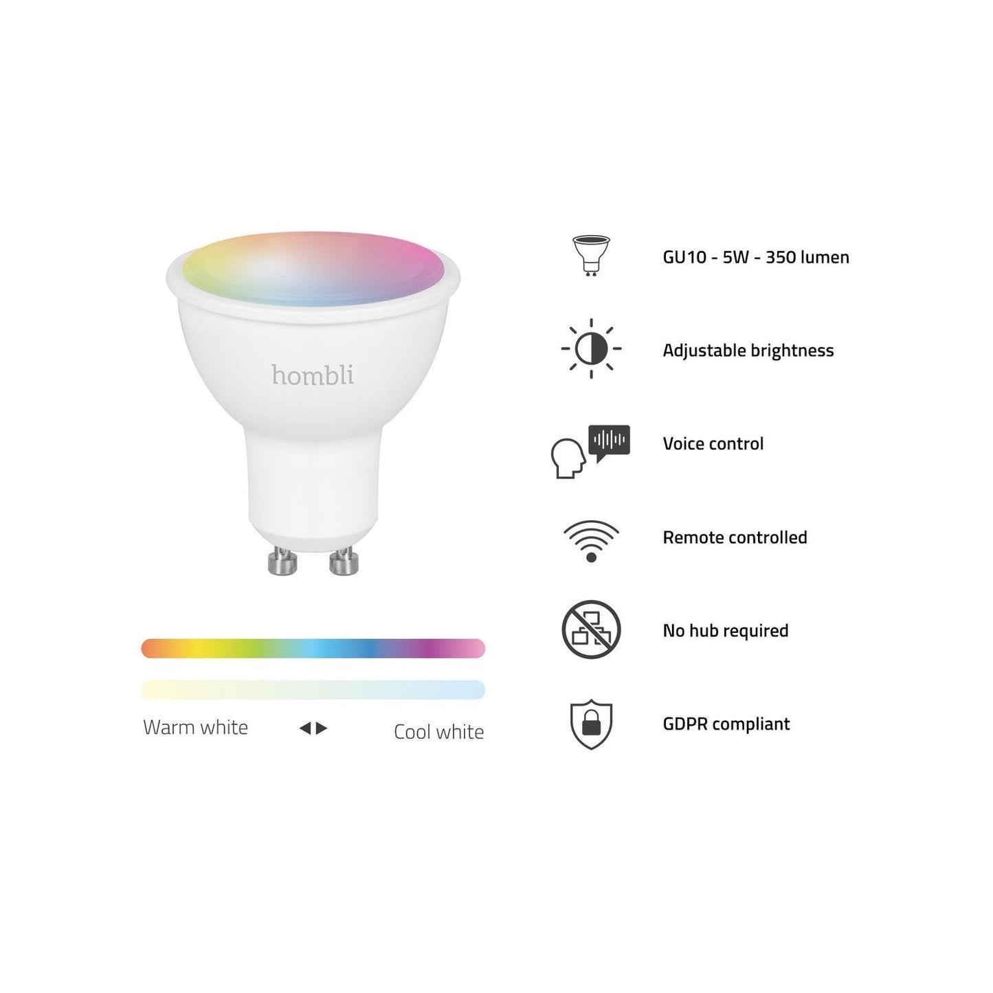 Smart lampa, WiFi, Hombli Smart Spot GU10, LED, RGB & CCT, 5W, Dimbar, Multifärg
