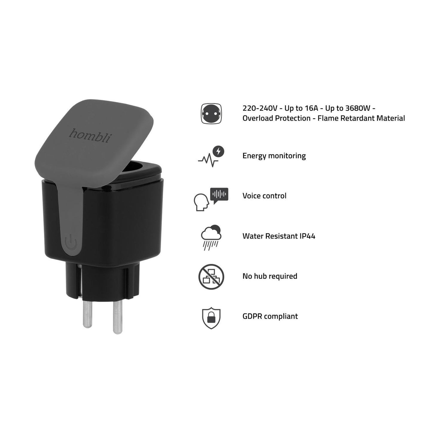 Strömbrytare, utomhusbruk, WiFi, Hombli Smart Outdoor Socket WiFi Plug (EU), 16A, Svart (med energimätning)