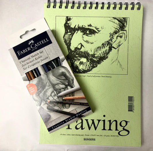 Teckningsset (Ritkolsset): Teckningsblock spiral A4 135g, 40 blad + Ritkolsset Faber-Castell Charcoal Sketch Set