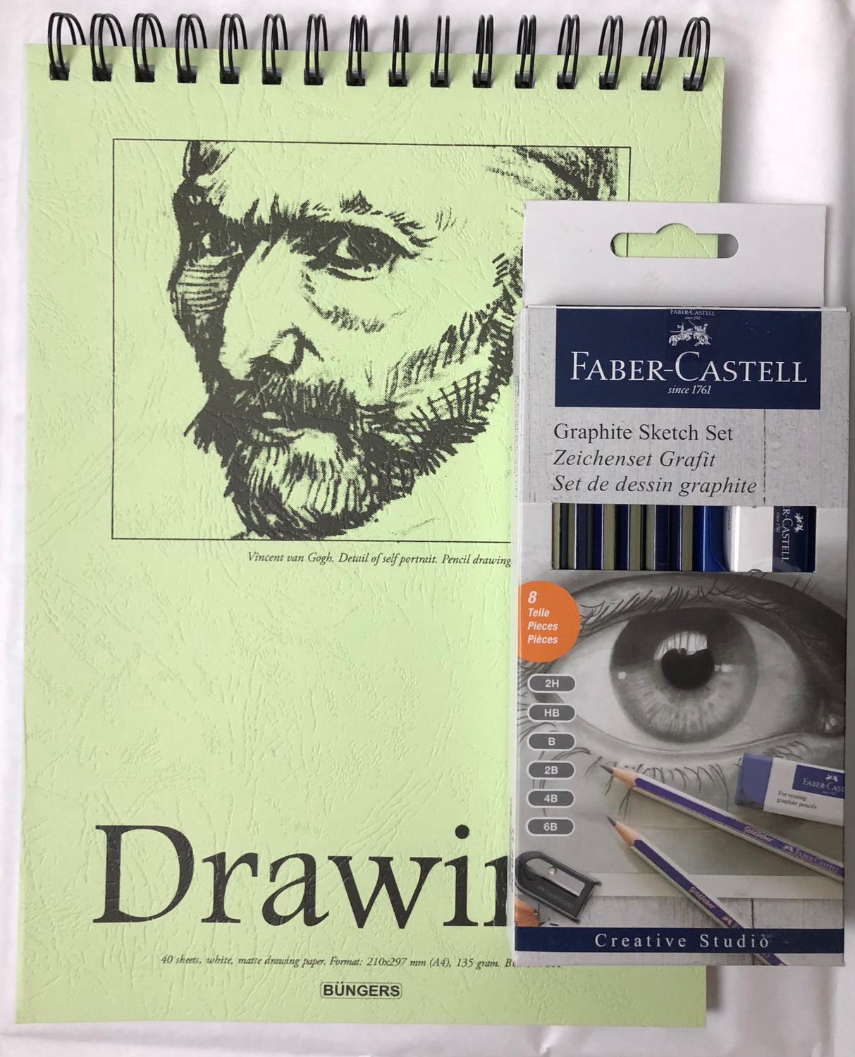 Teckningsset: Teckningsblock spiral A4 135g, 40 blad + Pennset Faber-Castell Graphite Sketch Set Goldfaber
