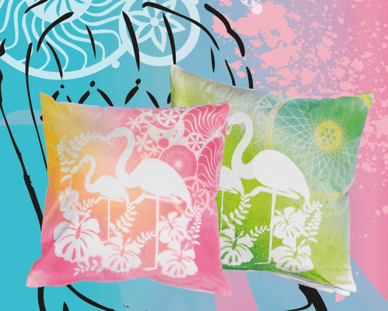 Textilsprayfärg-set: 4 st Textilfärg spray + 5 st textilväska + 1 st maskeringsstencil "Flamingo"