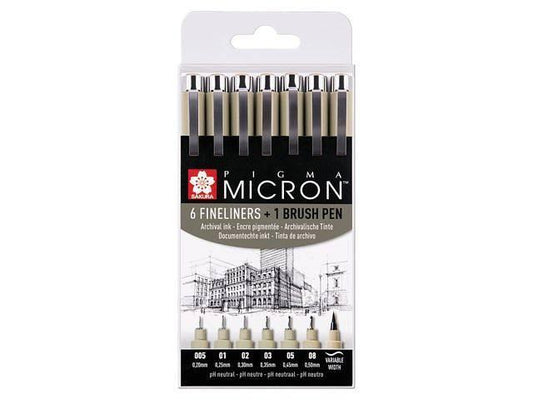 Tuschritpennor Pigma Micron 6 st Fineliner + 1 st Brush pen, Svart, 7 pennor/fp