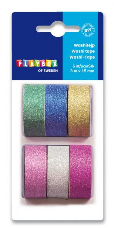 Washitape glitter 3m x 15mm, 6 rullar/fp